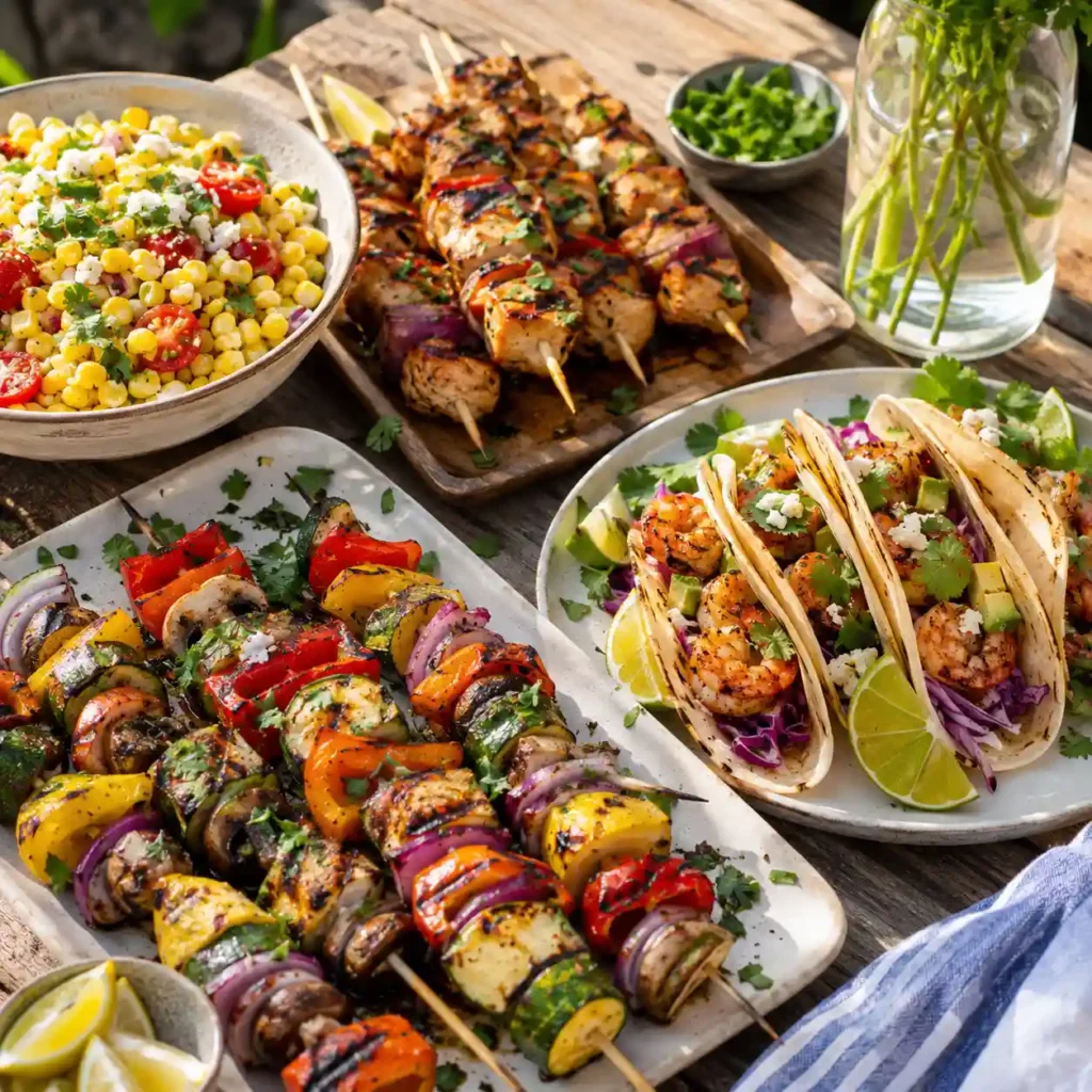 Grilled chicken skewers, shrimp tacos, and vegetable kabobs for no-oven summer dinners