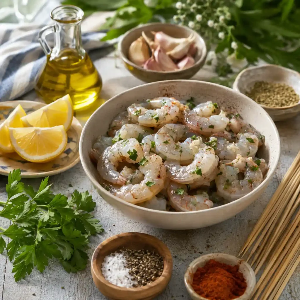 Ingredients for grilled shrimp kabobs with shrimp, lemon, garlic, herbs, and olive oil