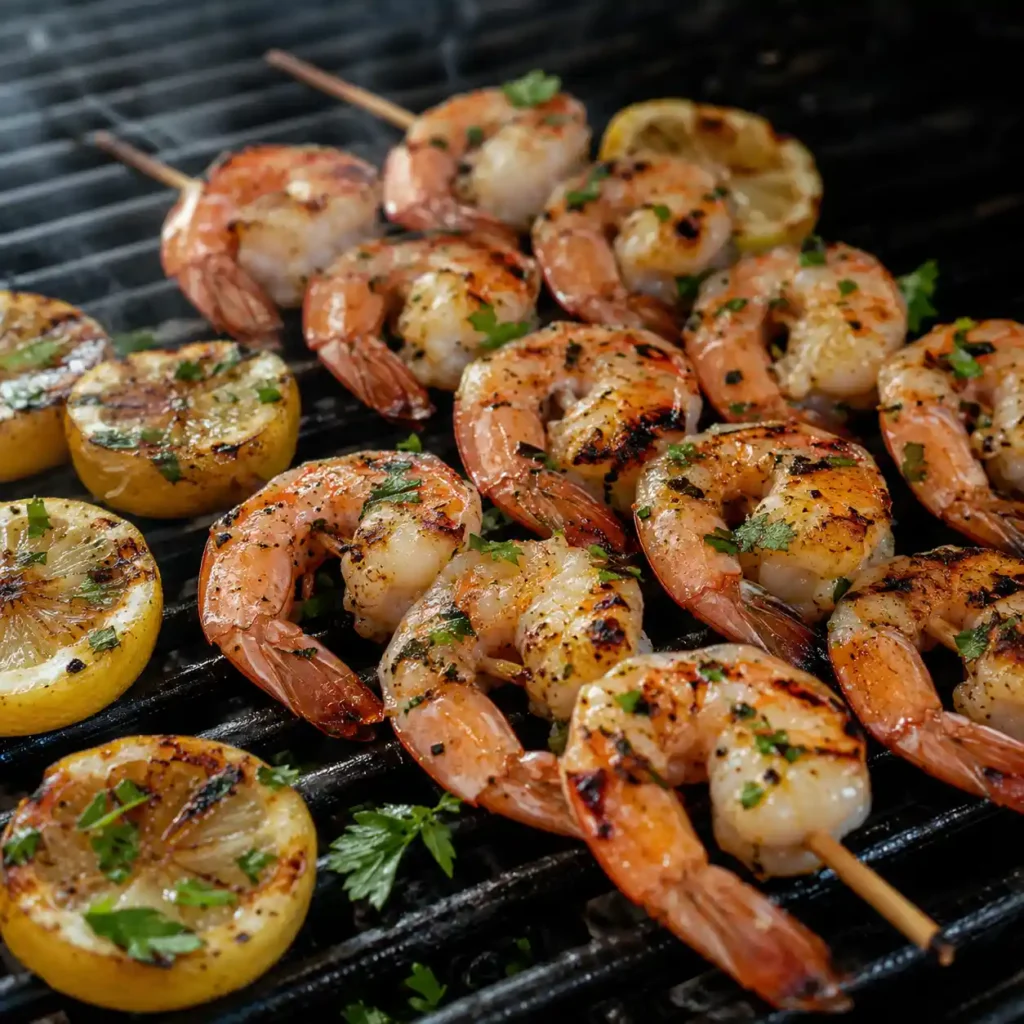 Shrimp kabobs cooking on the grill over direct medium-high heat