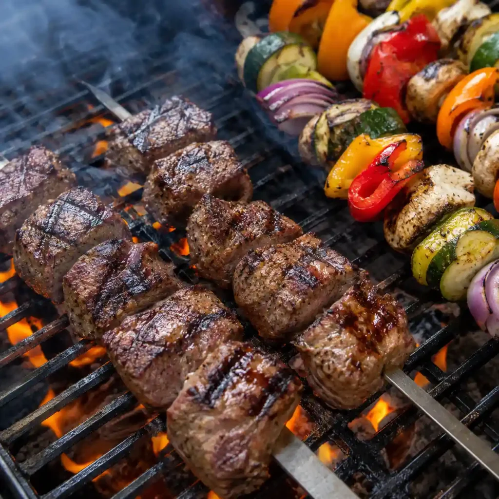 Steak skewers grilling over direct heat with vegetables on separate skewers