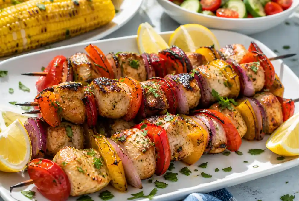 Chicken kabobs with bell peppers and onions on a grill with summer sides