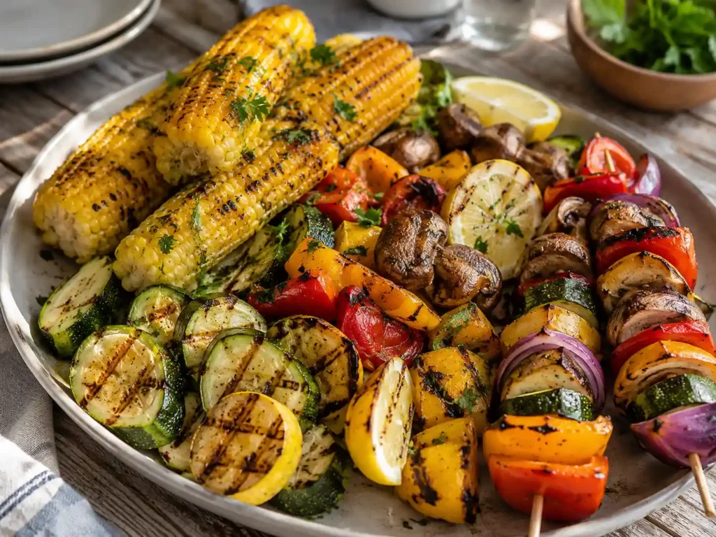 Grilled corn, zucchini, bell peppers, mushrooms, and vegetable kabobs on a summer table
