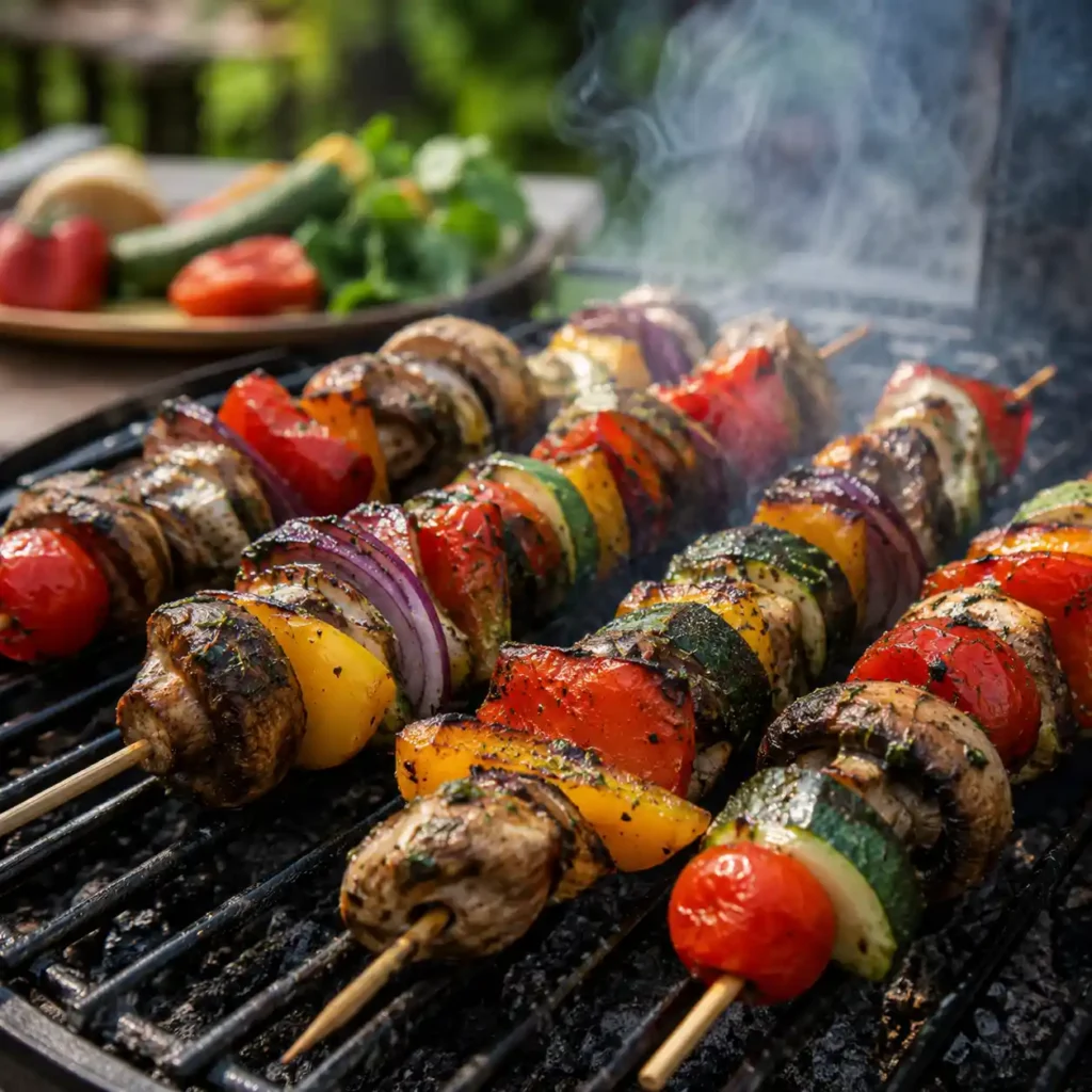 Vegetable kabobs cooking on grill grates with light char