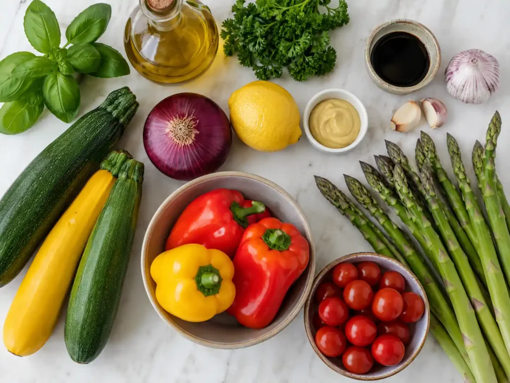 Ingredients for Grilled Vegetable Salad with summer vegetables and balsamic vinaigrette