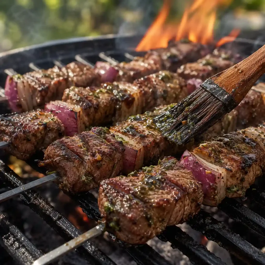 Basting sizzling steak kabobs with reserved marinade on a hot outdoor grill.