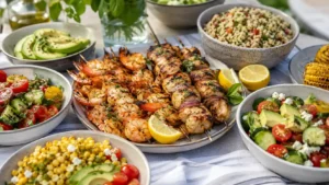 Healthy summer dinner recipes with grilled chicken kabobs, shrimp skewers, quinoa bowls, and fresh salads