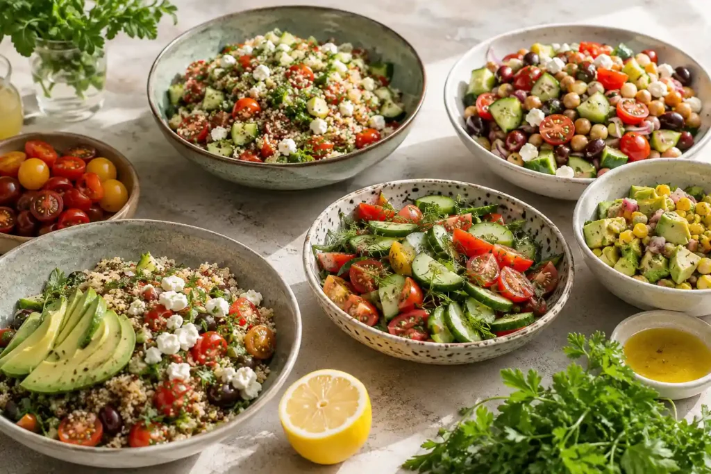 Healthy summer salads and grain bowls with quinoa, chickpeas, cucumbers, tomatoes, corn, and herbs