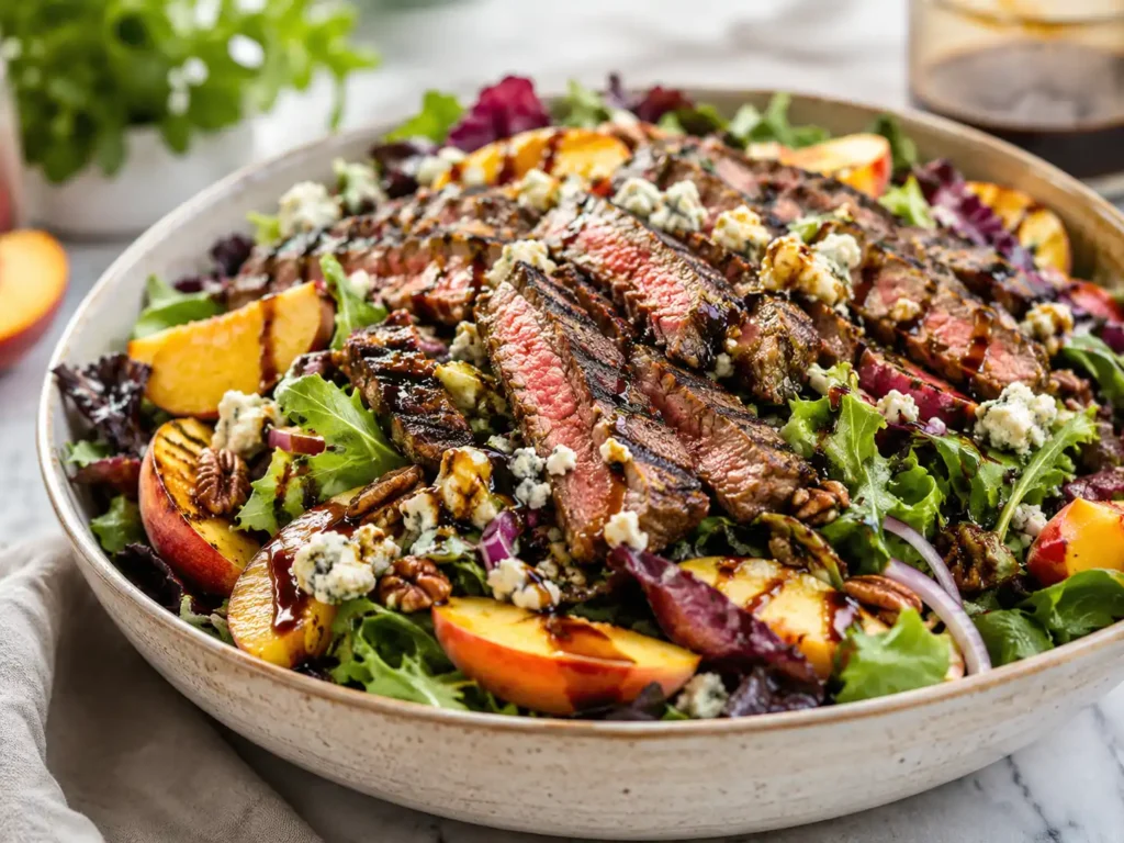 Hearty summer dinner salads topped with grilled steak, fresh peaches, and blue cheese.