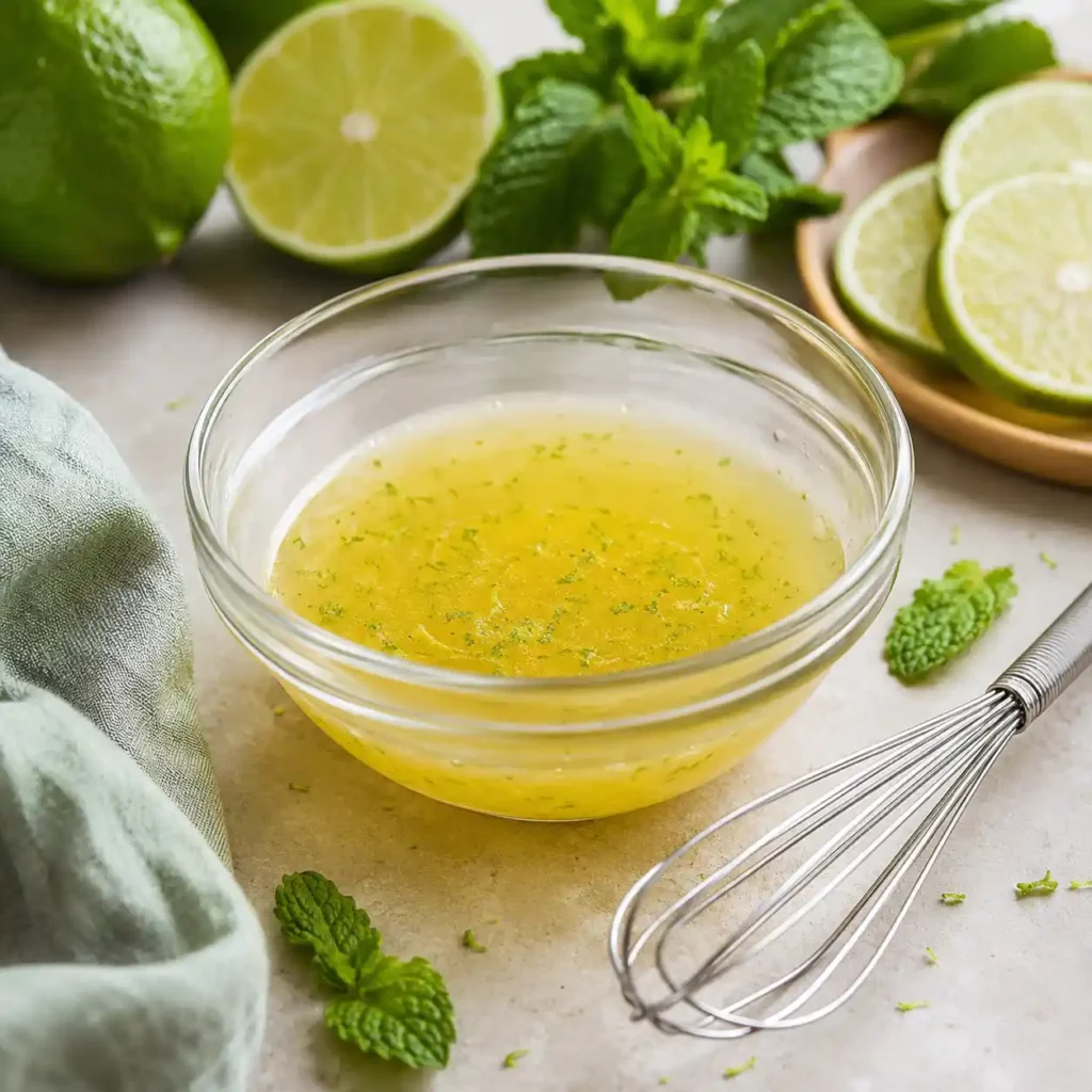 Small bowl of honey lime dressing with fresh lime juice, lime zest, honey, and mint beside sliced limes