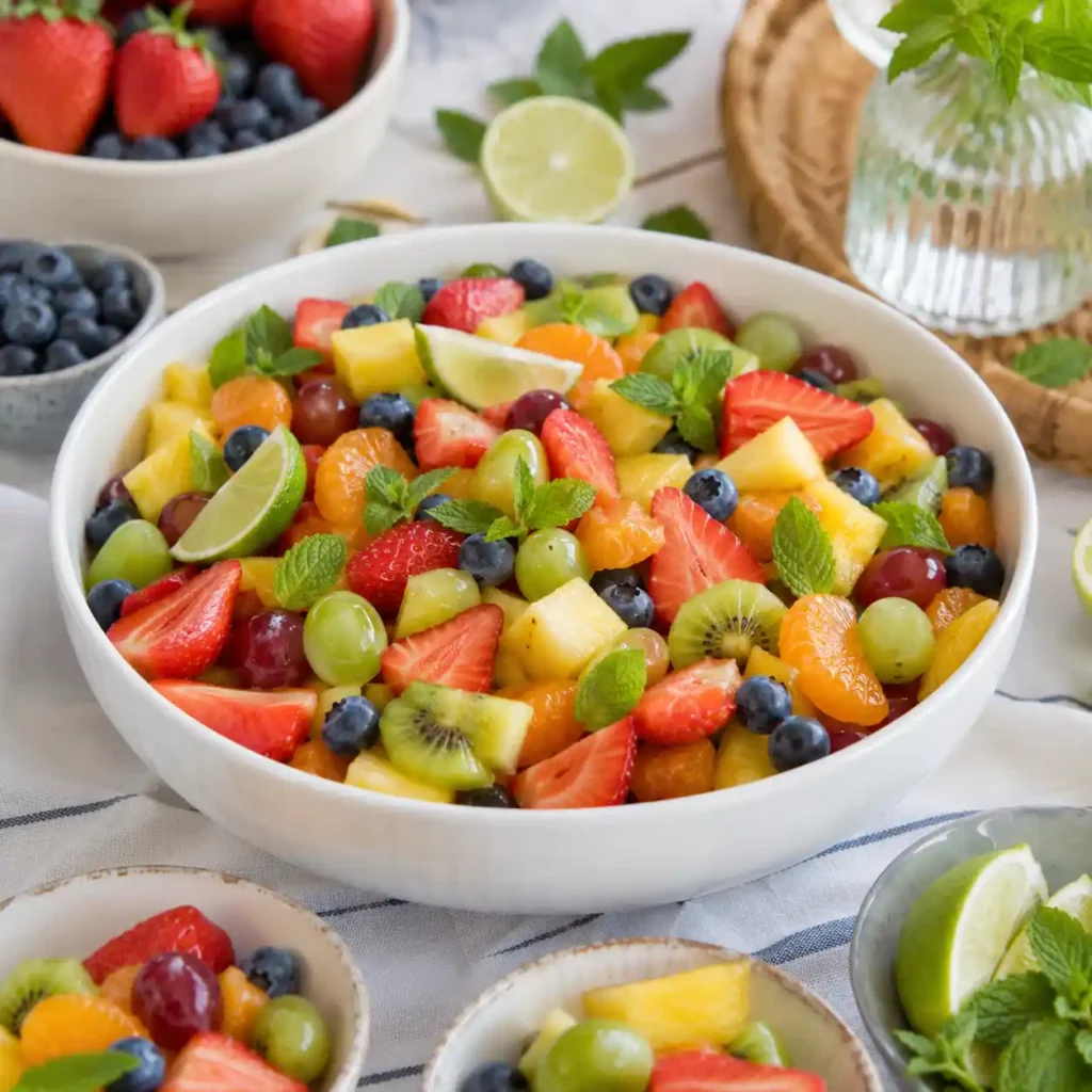 Honey lime fruit salad served in a large bowl with small serving dishes for a summer brunch or potluck