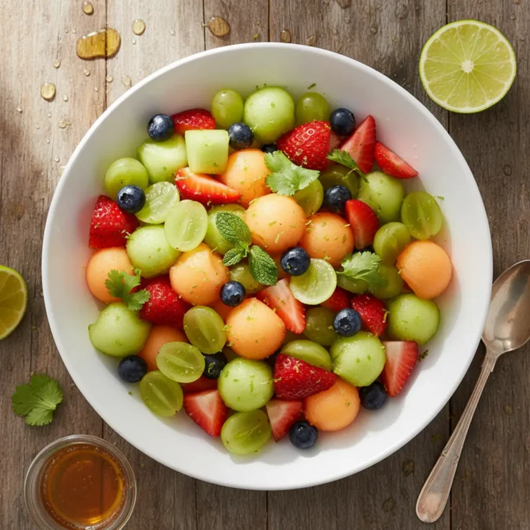 Fresh honey lime fruit salad served in a bowl with garnish