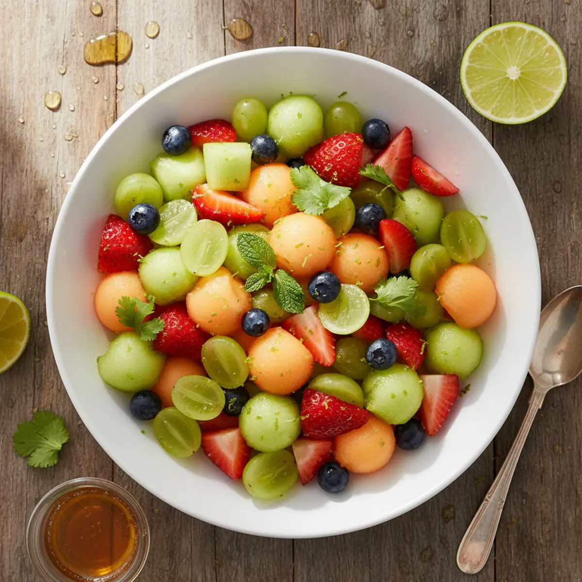 Fresh honey lime fruit salad served in a bowl with garnish