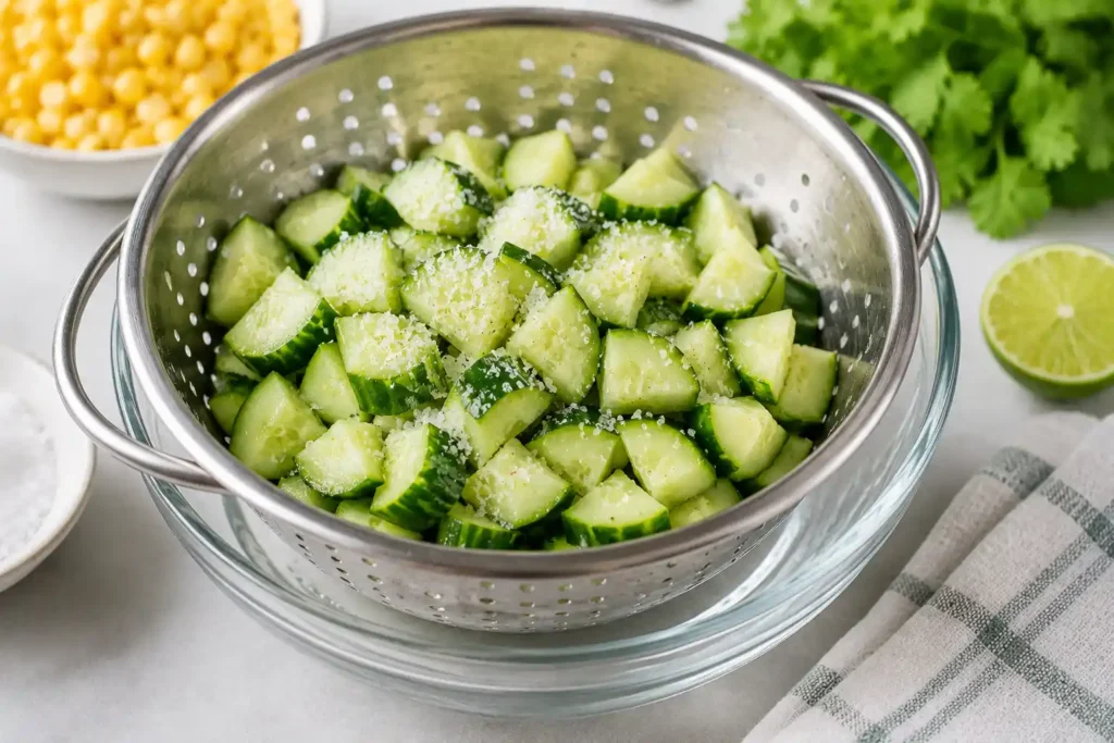 Salted cucumbers draining in a colander to keep cucumber corn salad from getting watery