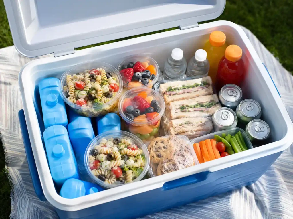 Picnic cooler with ice packs, chilled food containers, fruit cups, drinks, and cold summer picnic foods