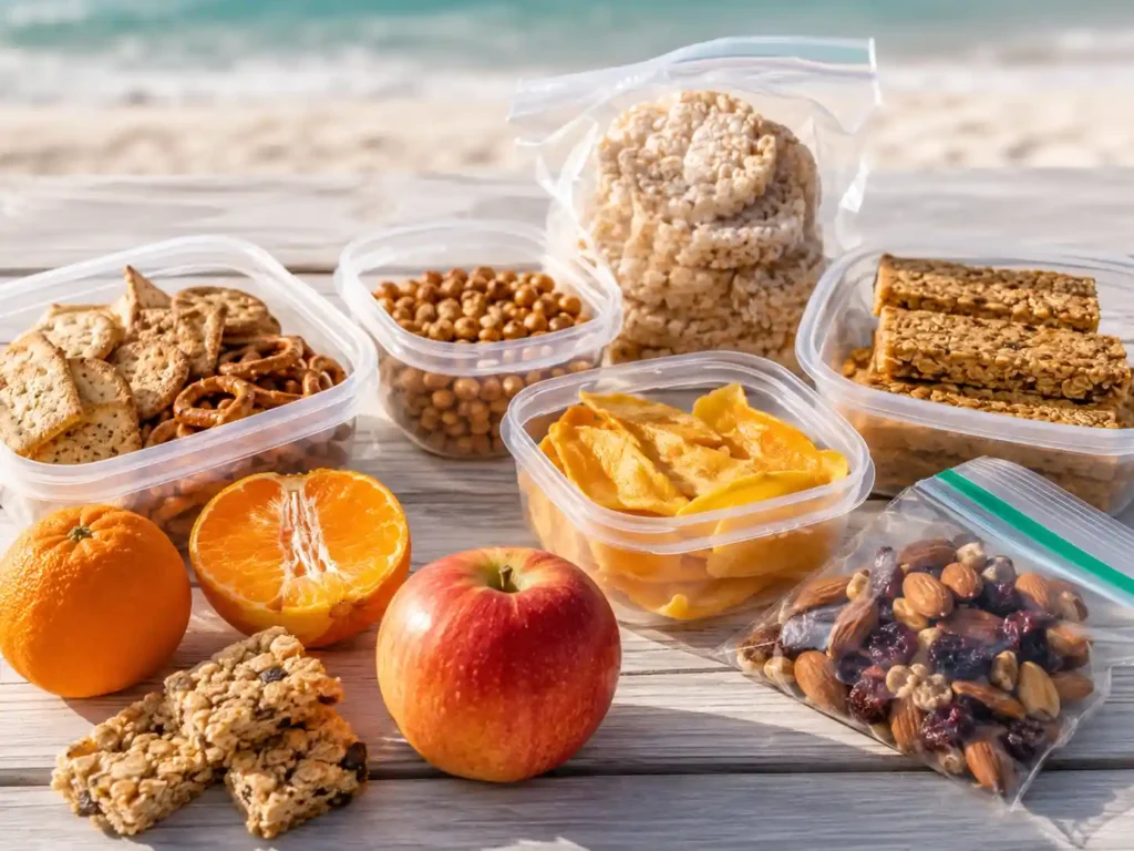 Beach cooler packed with ice packs, cold snacks, fruit cups, wraps, cheese sticks, and sealed containers