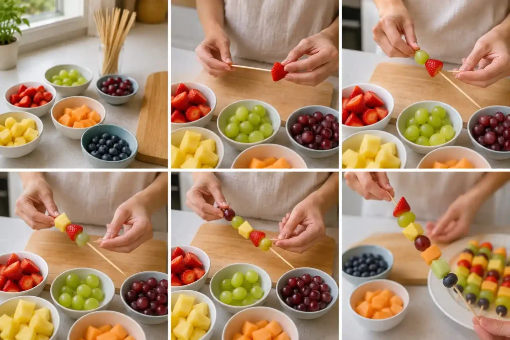 Hands threading strawberries, grapes, pineapple, melon, and blueberries onto bamboo skewers