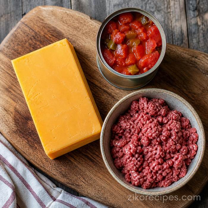 Ingredients to make Rotel dip including a block of Velveeta cheese, a can of Rotel tomatoes with green chilies, and raw ground beef.