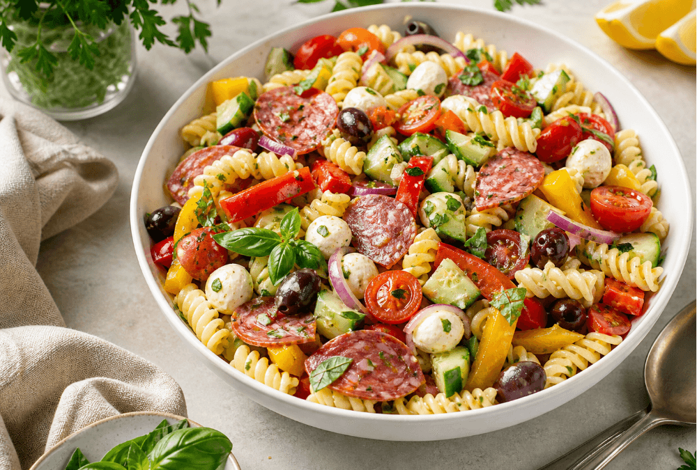Italian summer pasta salad with rotini, salami, olives, mozzarella, cucumber, and tomatoes