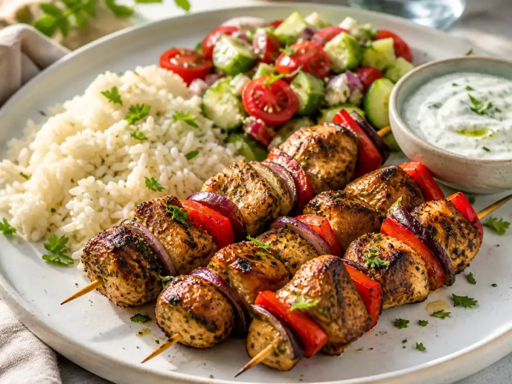 Grilled kabobs served with rice, cucumber tomato salad, and sauce on a summer dinner plate