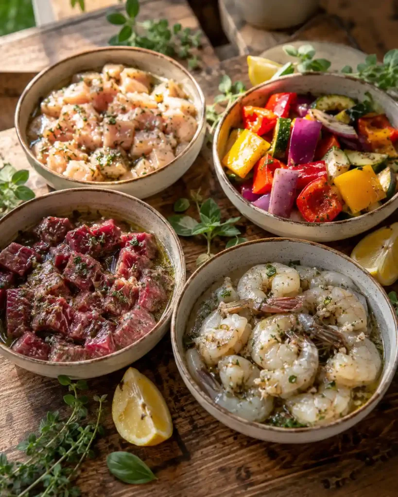 chicken steak shrimp and vegetables marinating in separate bowls for kabobs