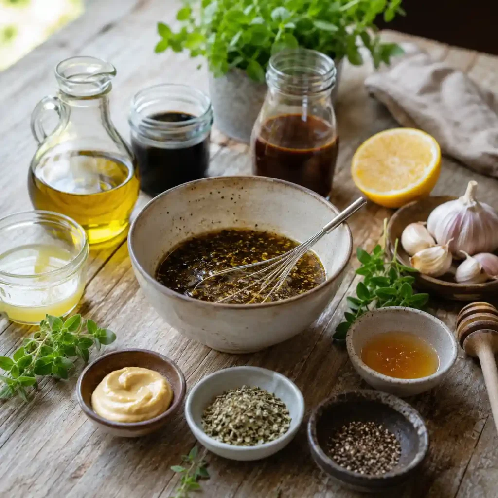 kabob marinade ingredients with olive oil soy sauce lemon juice garlic mustard and herbs