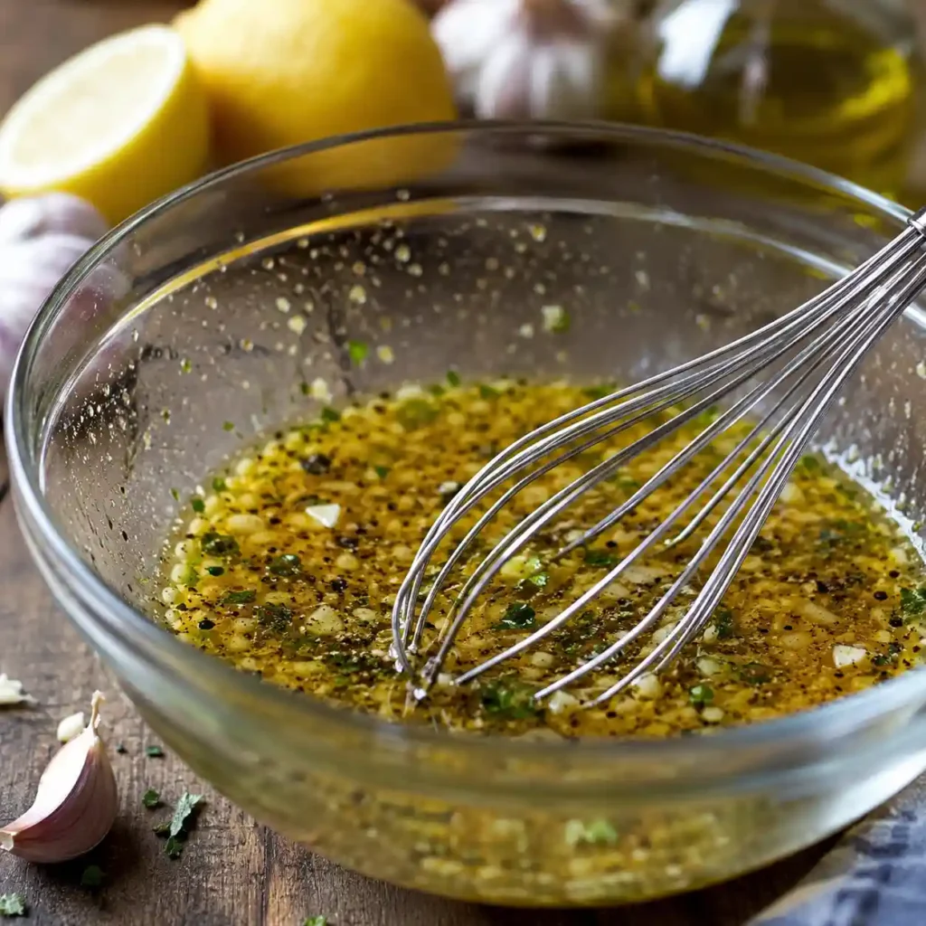 Whisking olive oil, lemon juice, garlic, and spices in a glass bowl to make the base kabob marinade