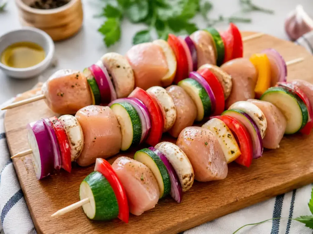 Raw chicken and vegetable kabobs assembled on skewers with evenly cut pieces