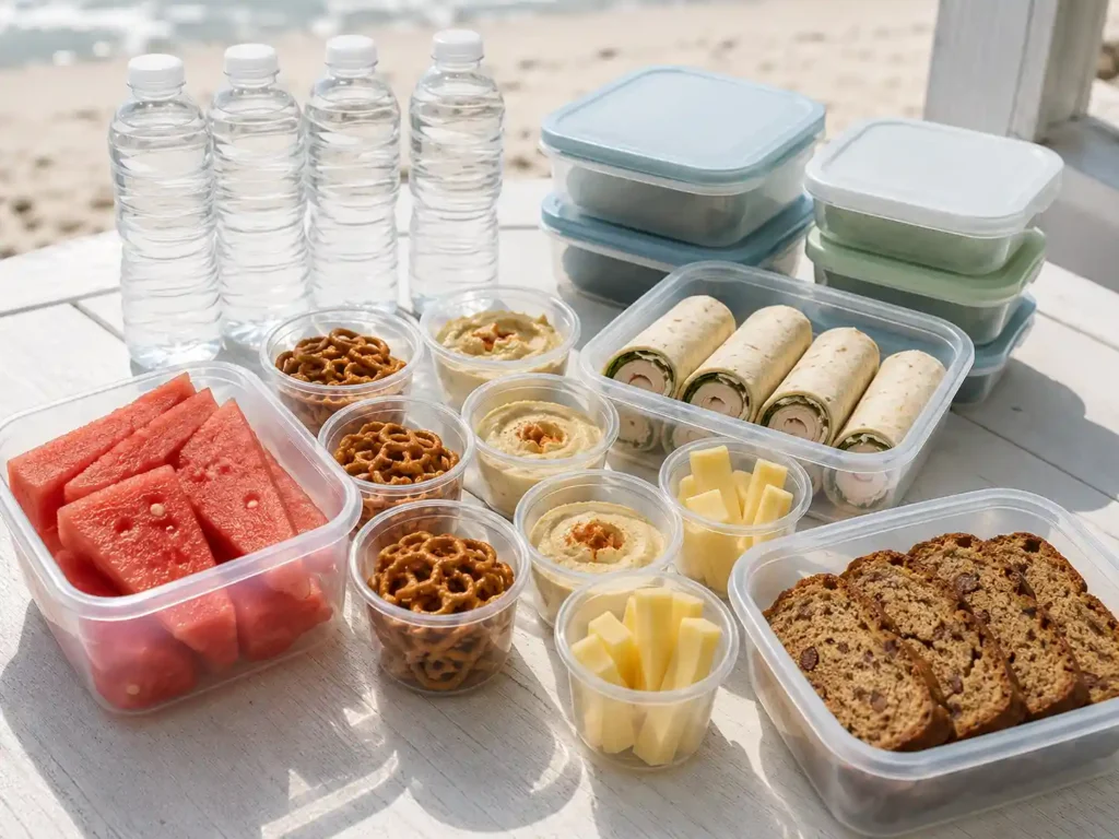 Kid-friendly beach snack box with cut fruit, cheese sticks, crackers, mini muffins, and yogurt tubes