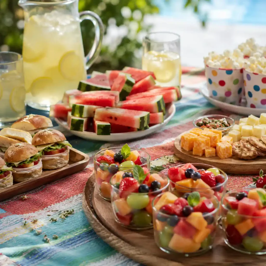 Kid-friendly pool party snacks with watermelon sticks, fruit cups, cheese cubes, crackers, popcorn cups, and mini sandwiches