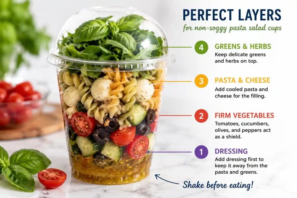 Layered pasta salad cup with dressing, vegetables, rotini, mozzarella, and basil