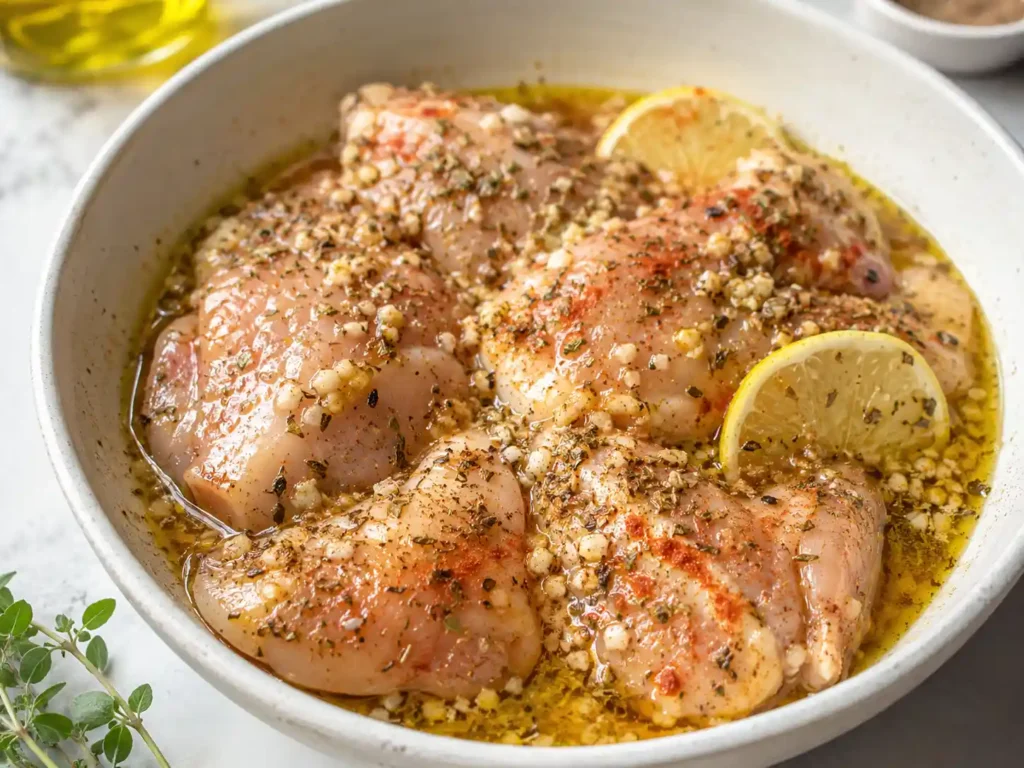 Chicken pieces in lemon herb marinade with olive oil, garlic, oregano, paprika, lemon juice, salt, and black pepper