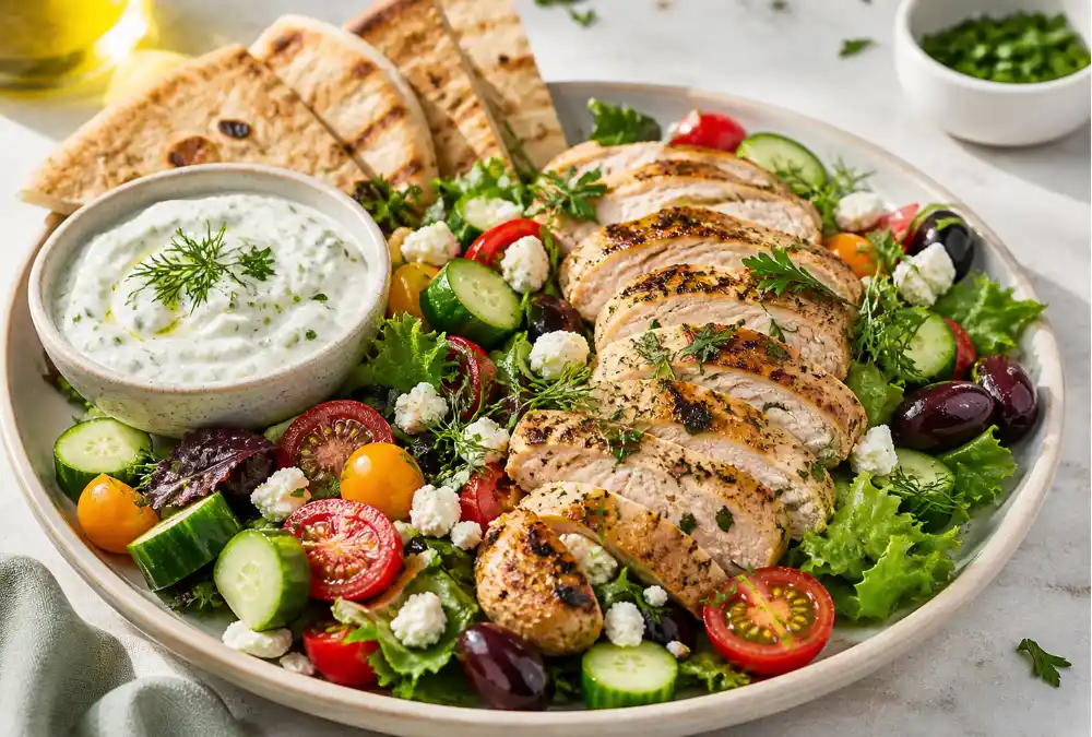 Mediterranean chicken salad plate with cucumber, tomatoes, feta, olives, greens, and pita