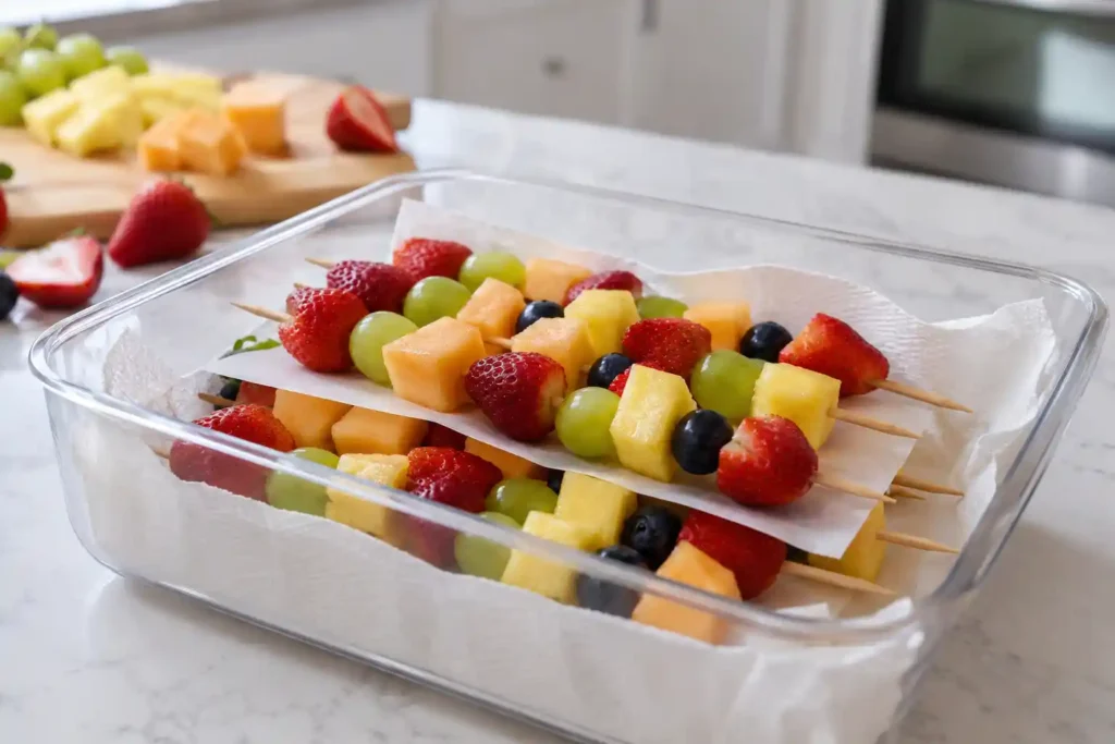 Fruit skewers stored in a shallow container with paper towels for make-ahead party prep