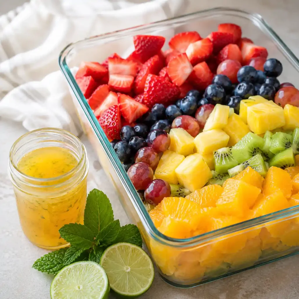 Chopped fresh fruit stored in a container with honey lime dressing in a small jar beside it