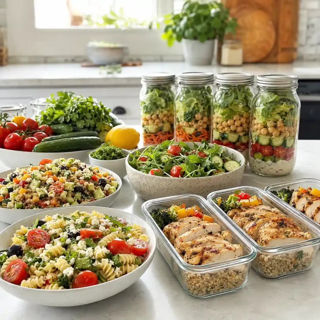 Make-ahead no-oven summer dinners with pasta salad, grain bowls, and mason jar salads