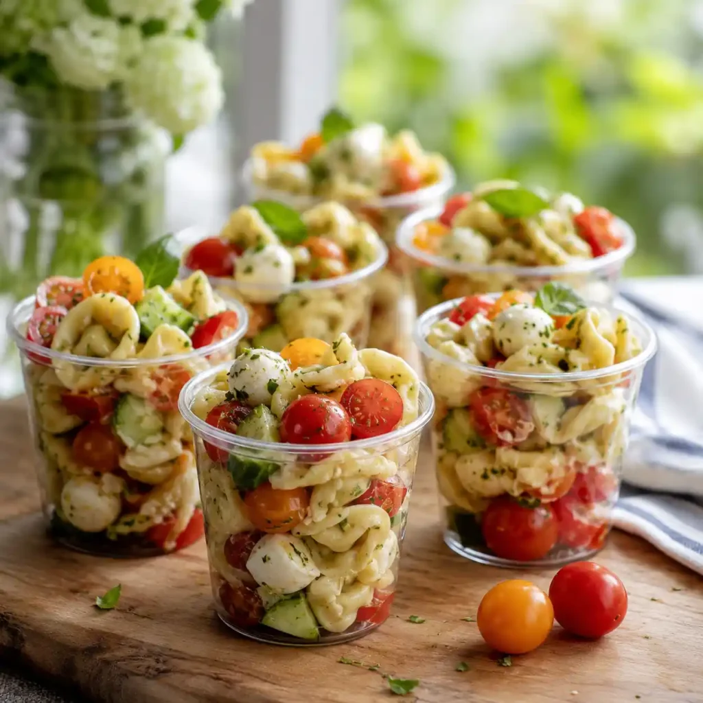 Make-ahead pool party pasta salad cups with tortellini, cucumber tomato pasta salad, mozzarella, tomatoes, and herbs