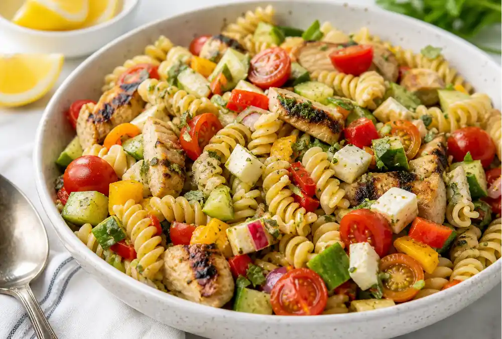 Pasta salad with grilled chicken, cherry tomatoes, cucumbers, herbs, and dressing in a serving bowl
