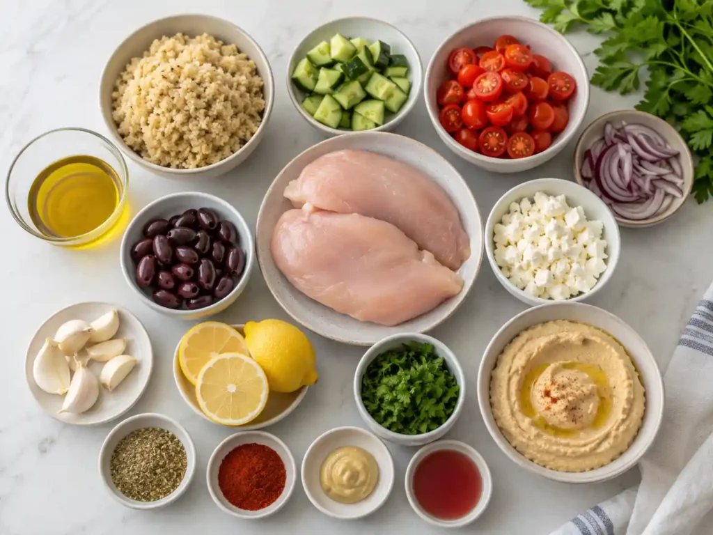 Ingredients for Mediterranean chicken bowls with chicken, quinoa, cucumber, tomatoes, feta, olives, hummus, lemon, garlic, and herbs