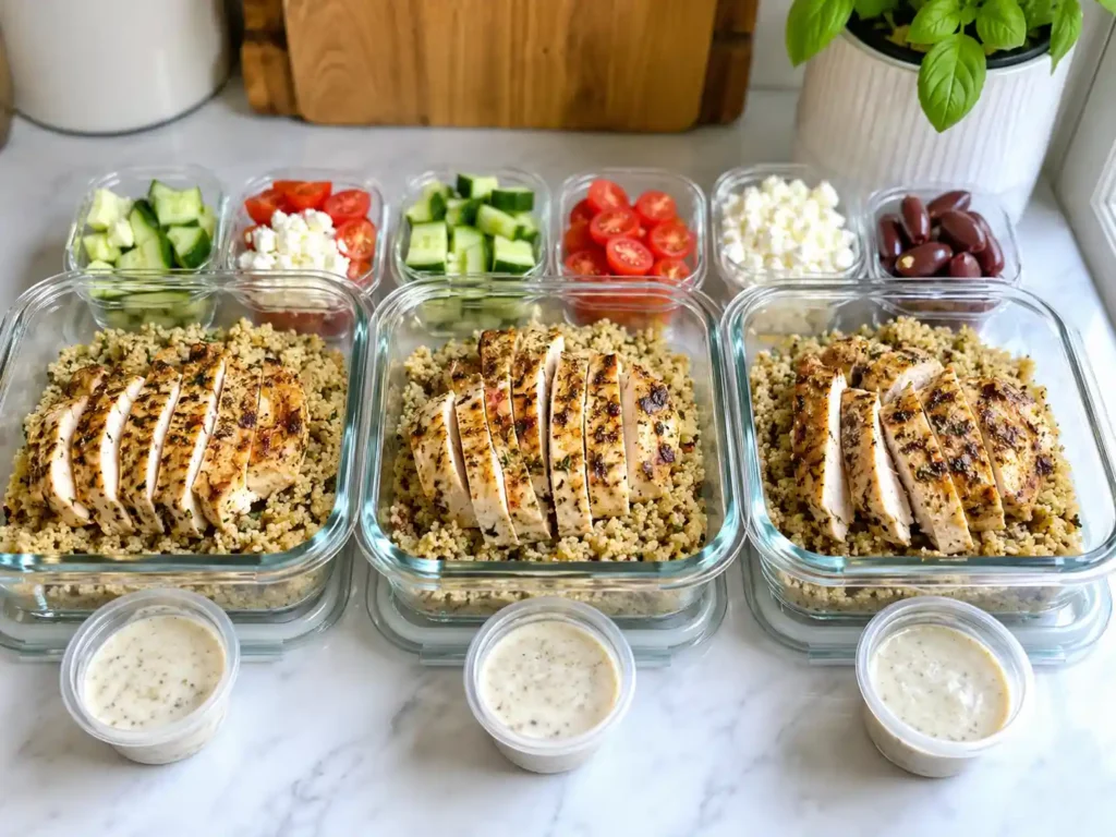 Mediterranean chicken bowls in glass meal prep containers with quinoa, chicken, cucumber, tomatoes, feta, olives, and dressing stored separately