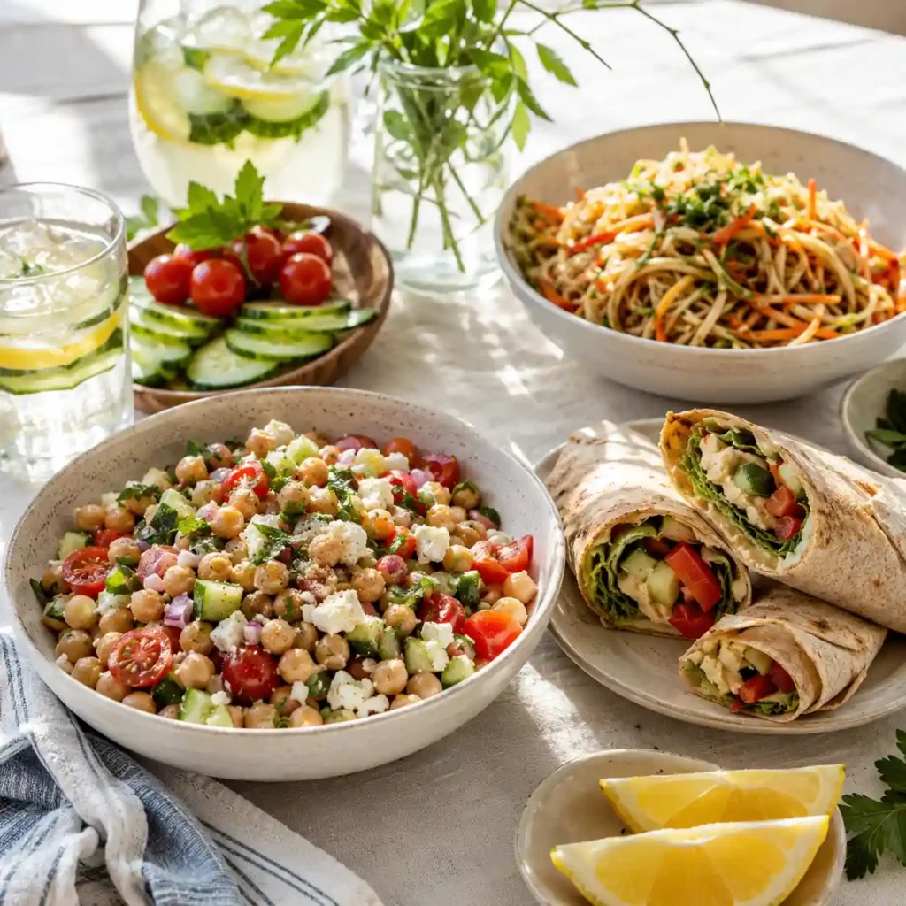 No-cook summer dinner ideas with chickpea salad, hummus wraps, and cold noodle bowls