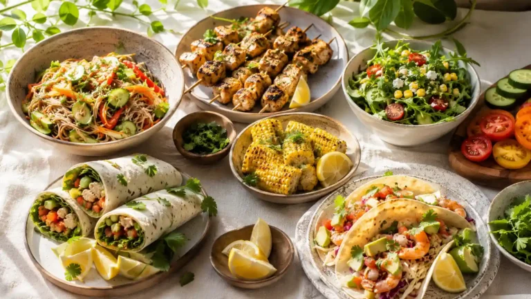 No-oven summer dinners with fresh salads, wraps, grilled chicken skewers, shrimp tacos, and cold bowls