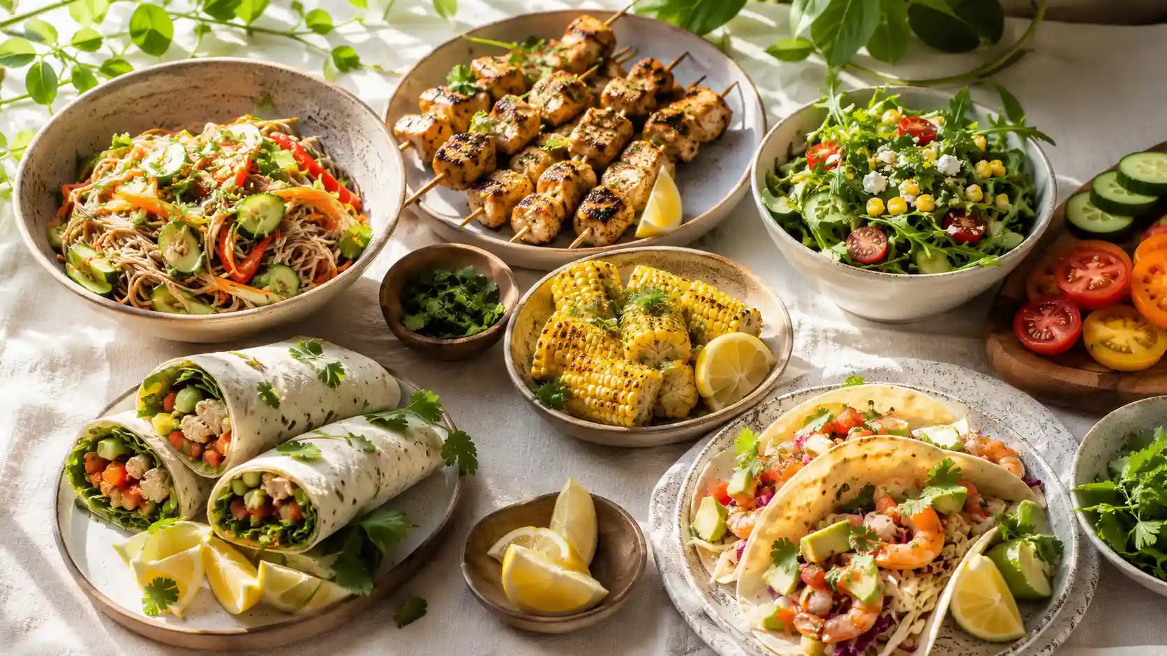 No-oven summer dinners with fresh salads, wraps, grilled chicken skewers, shrimp tacos, and cold bowls