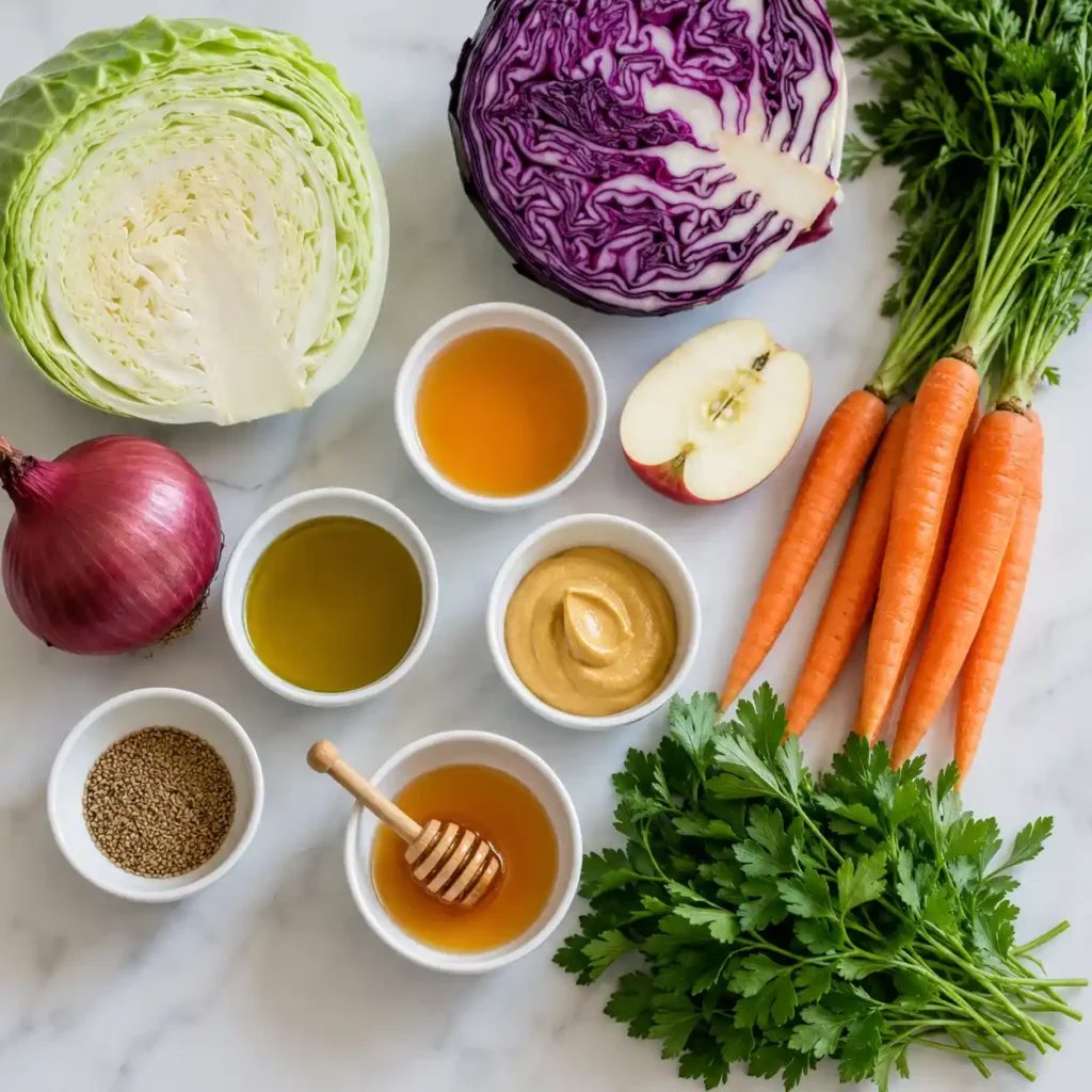 Ingredients for No Mayo Coleslaw with cabbage, carrots, vinegar, mustard, and celery seed