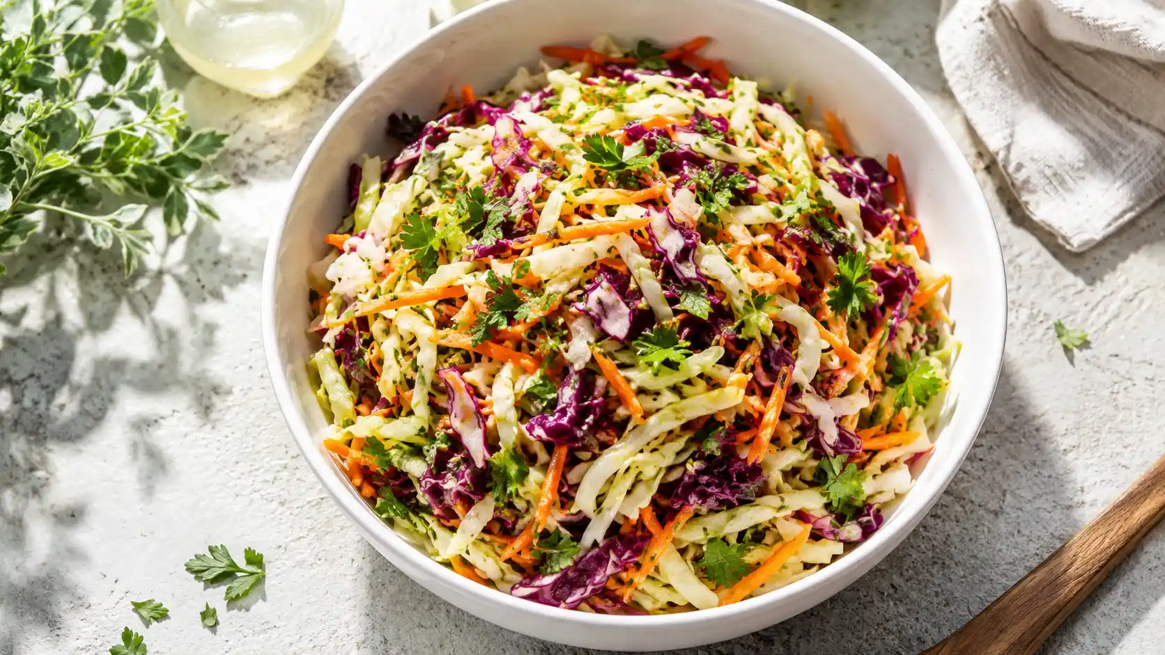 No Mayo Coleslaw with cabbage, carrots, and apple cider vinegar dressing