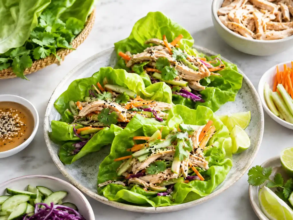 No-oven chicken dinner with lettuce wraps, shredded chicken, cucumbers, carrots, herbs, and chilled sauce
