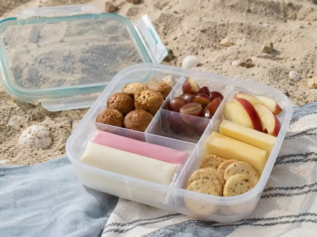 Nonperishable beach snacks with pretzels, crackers, dried fruit, oat bars, roasted chickpeas, and whole fruit