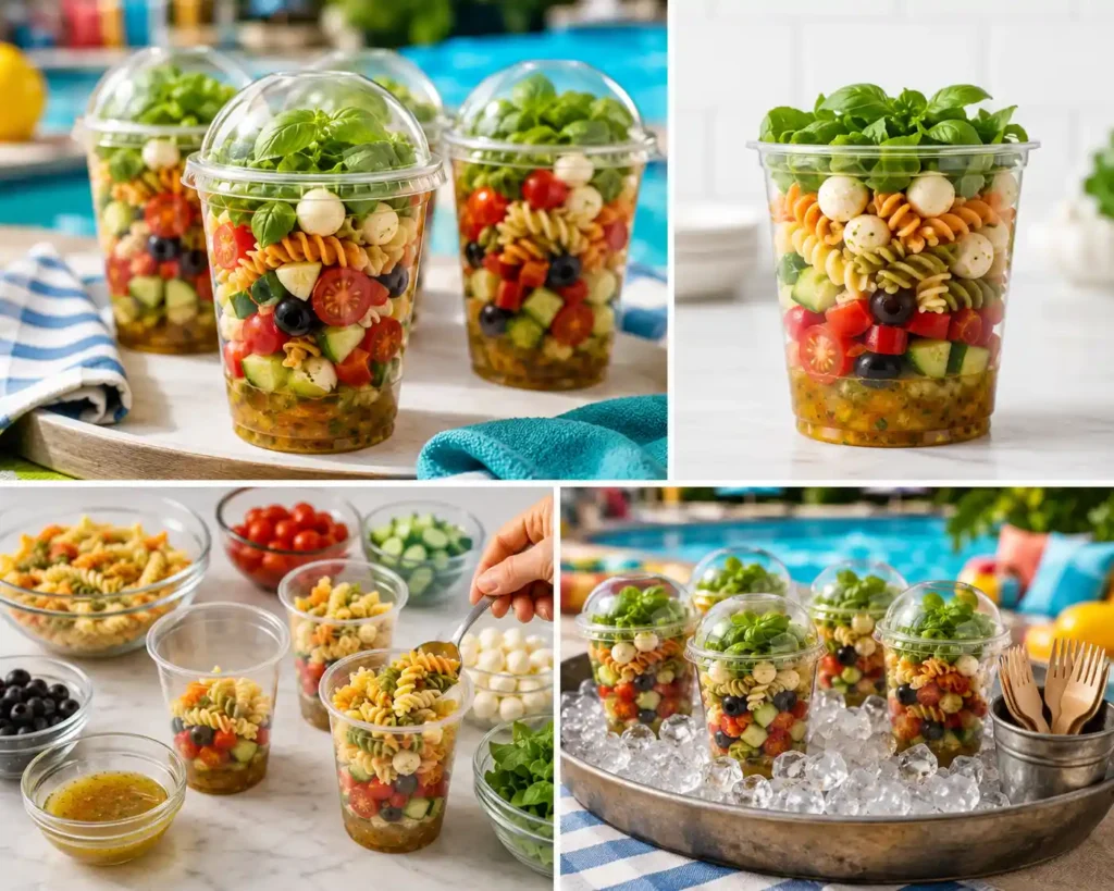 Pasta salad cups kept cold on ice for outdoor pool party serving