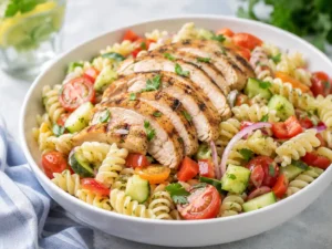 Pasta salad with grilled chicken, tomatoes, cucumber, herbs, and lemon herb dressing