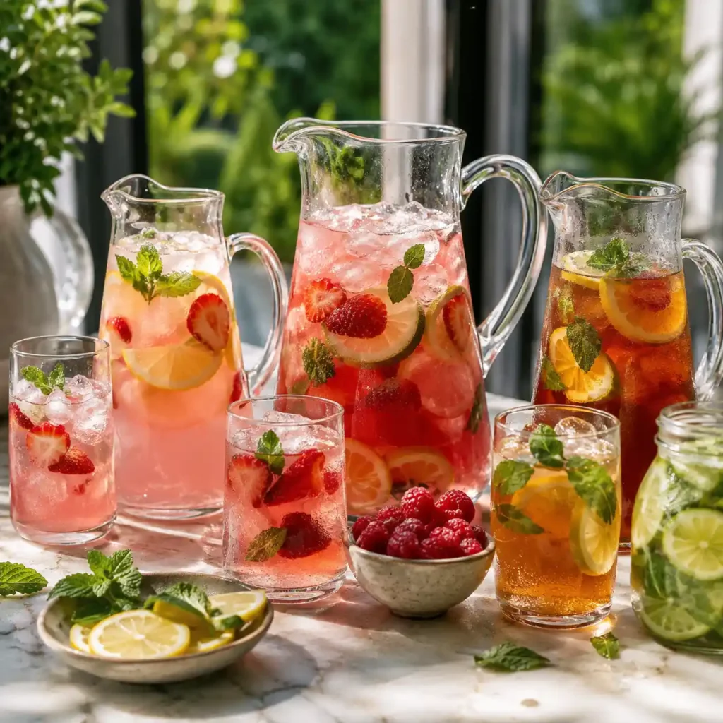 Pool party drinks station with strawberry lemonade, party punch, iced tea, fruit water, citrus slices, berries, and ice