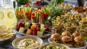 Pool party food ideas spread with fruit skewers, pasta salad cups, veggie cups, sliders, lemonade, and cold snacks